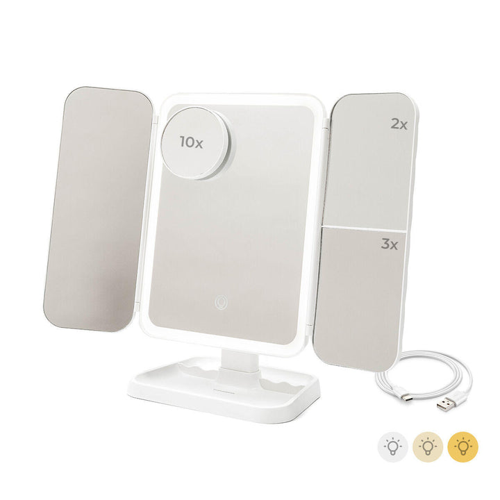 Miled InnovaGoods Rechargeable Trifold Makeup Mirror with Magnification and LED Light