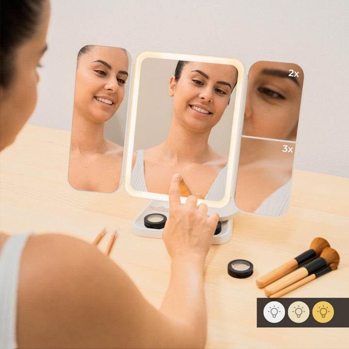 Miled InnovaGoods Rechargeable Trifold Makeup Mirror with Magnification and LED Light